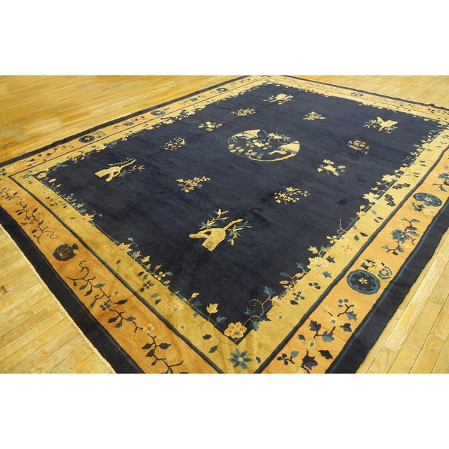 1920s Antique Chinese Floral Navy Deep Serene Landscape Deco Peking Knotted Rug For Sale - Image 9 of 10