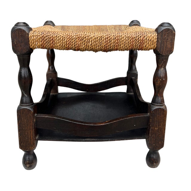 English 1940s English Country Oak and Rush Footstool For Sale - Image 3 of 9