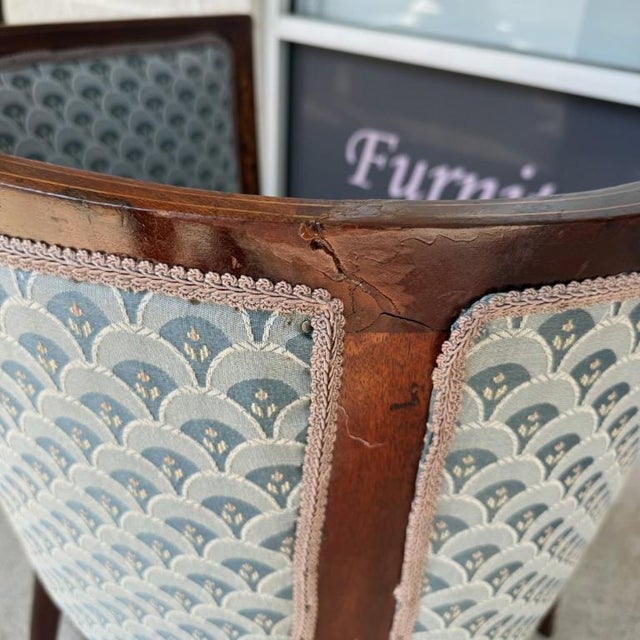 Early 20th Century Inlaid Barrel Back Chair With Scalloped Blue Upholstery For Sale - Image 14 of 14