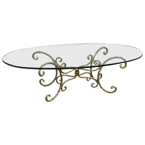 1960s Hollywood Regency Gilt Braided Rope and Oval Glass Coffee Table