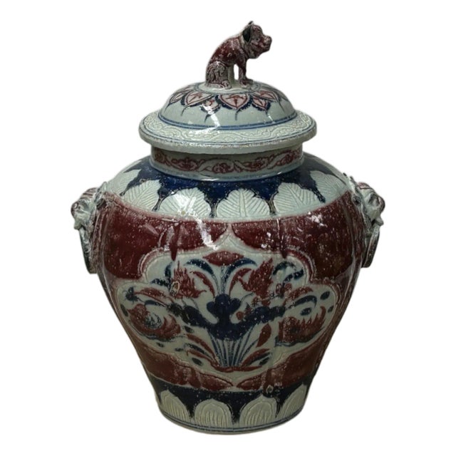 Orient Crackle Blue Red White Floral Graphic Ceramic Jar For Sale