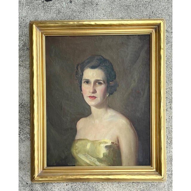 Vintage Oil Portrait of Woman in Gold Dress For Sale - Image 4 of 18