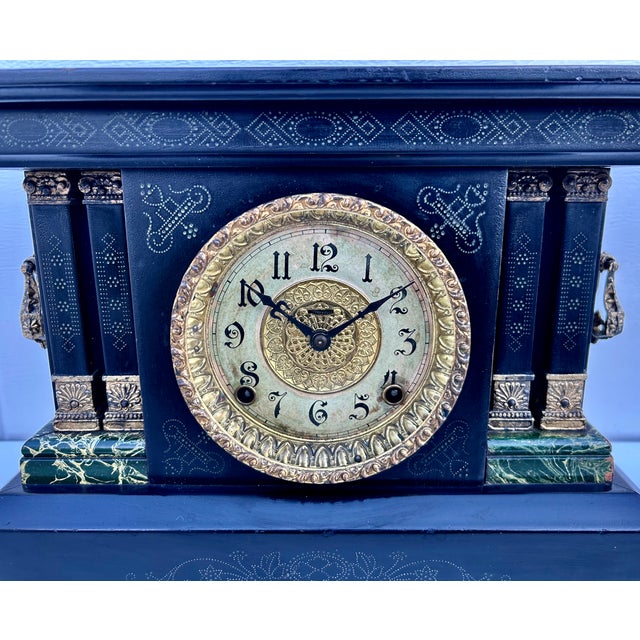 Late 19th Century Antique E. Ingraham Adrian Mantle Clock Faux Green Marble Double Pillars W/Key For Sale - Image 5 of 15