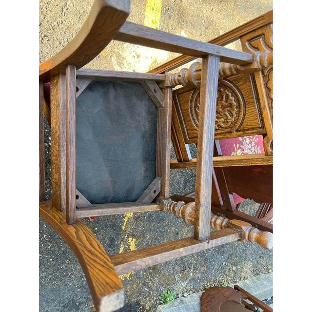 Wood Pair of Antique Jacobean Style Solid Tiger Oak Needlepoint Dining Chairs, 19th Century For Sale - Image 7 of 11