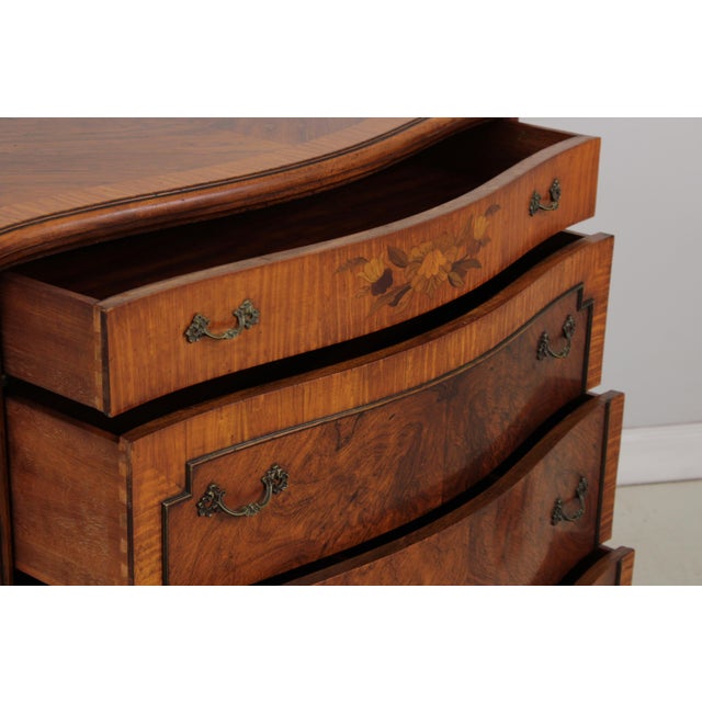 Vintage French Style Bow Front 5 Drawer Inlaid Walnut Chest For Sale In Philadelphia - Image 6 of 18
