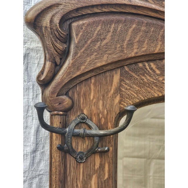 Antique American Tiger Oak Hall Tree With Carved Crest, Beveled Mirror & Storage Bench, C. 1900 For Sale - Image 13 of 18
