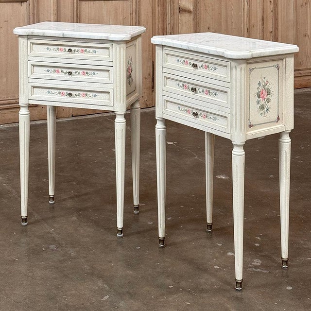 French Late 20th Century Pair French Louis XVI Painted Side Tables ~ Nightstands With Carrara Marble For Sale - Image 3 of 18