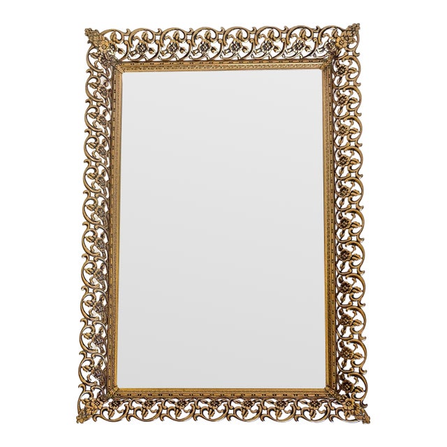 Vintage Hollywood Regency Gilt Filigree Vanity Mirror & Perfume Tray For Sale