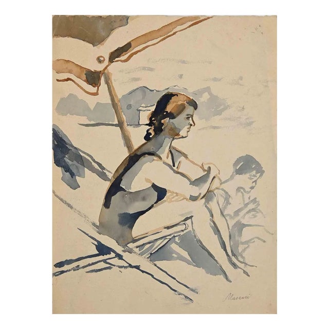 Mino Maccari, At the Beach, Original Drawing, Mid-20th Century For Sale