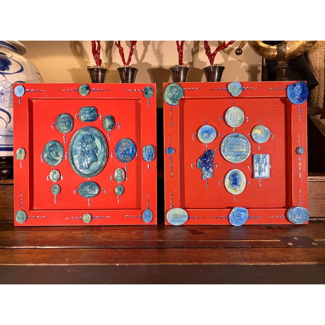 Late 20th Century Pair of Neoclassical Grand Tour Style Faux Blue Faience Intaglio Set in Hand Painted Red & Blue Frames For Sale - Image 5 of 12