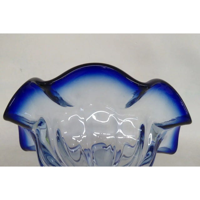 Mid-Century Modern Shannon Crystal Designs of Ireland Clear With Blue Ruffled Rim Bowl Poland For Sale - Image 3 of 13