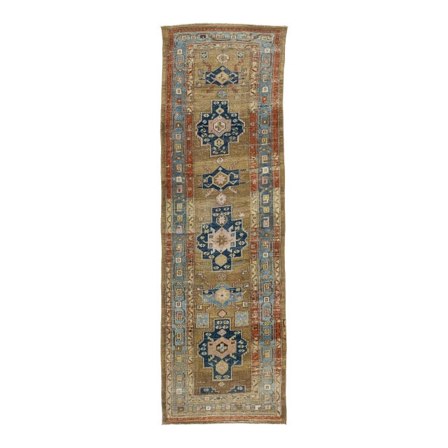 Antique Heriz Runner Rug With Muted Camel Field and Geometric Medallions For Sale