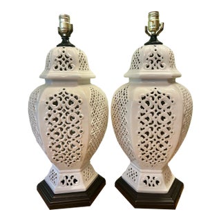 1970’s Chinoiserie Pierced Porcelain Blanc De Chine Temple Jar Table Lamps - A Pair For Sale