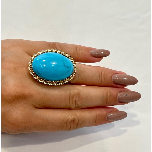Metal 75 Ct Natural Oval Sleeping Beauty Turquoise Ring, 18 Kt Yellow Gold For Sale - Image 7 of 8