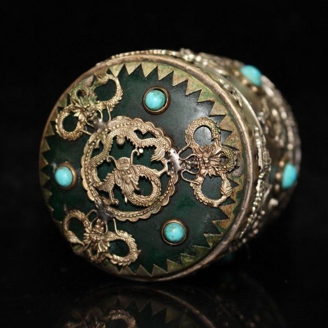 Silver Vintage Tibetan Silver-Plated Tea Caddy With Turquoise Dragons For Sale - Image 8 of 9