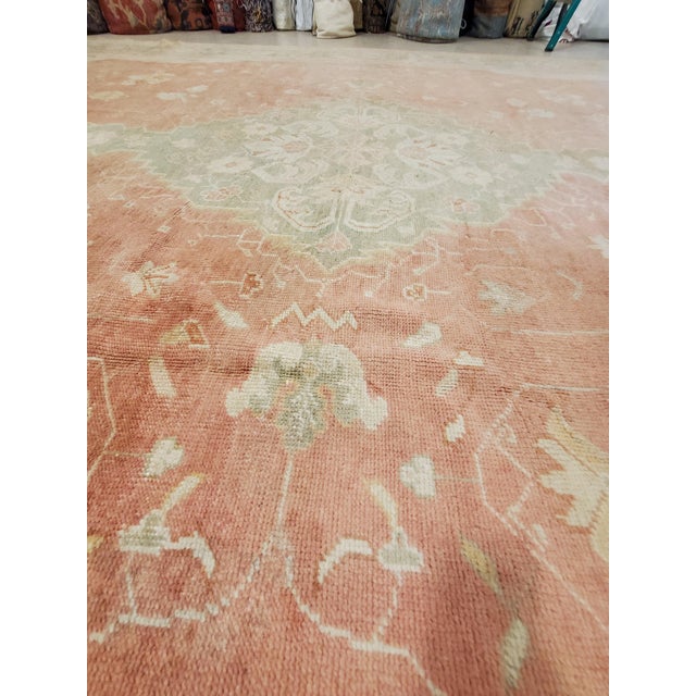 Antique Oushak Carpet, Oriental Rug, Handmade Ivory, Muted Coral, Soft Green For Sale - Image 10 of 18