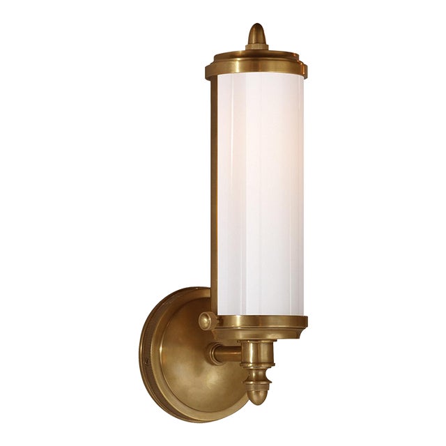 Thomas O'Brien for Visual Comfort Signature Merchant Single Bath Light in Hand-Rubbed Antique Brass with White Glass For Sale