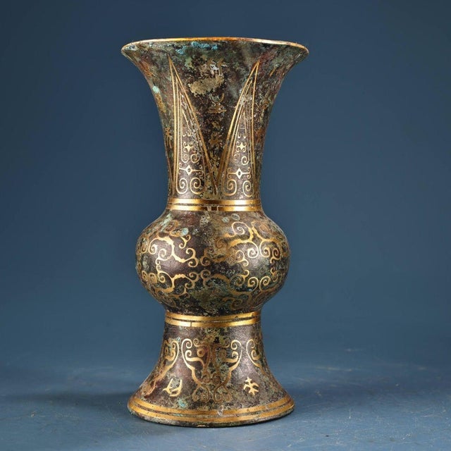 Early 21st Century Bronze Gu Vase With Gold Inlay, Archaic Scroll & Script Motif, Chinoiserie Bronze Ritual Style Vessel For Sale - Image 5 of 10