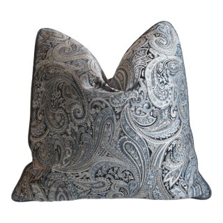 French Silver Botanical Paisley Feather/Down Pillow 22” Square For Sale