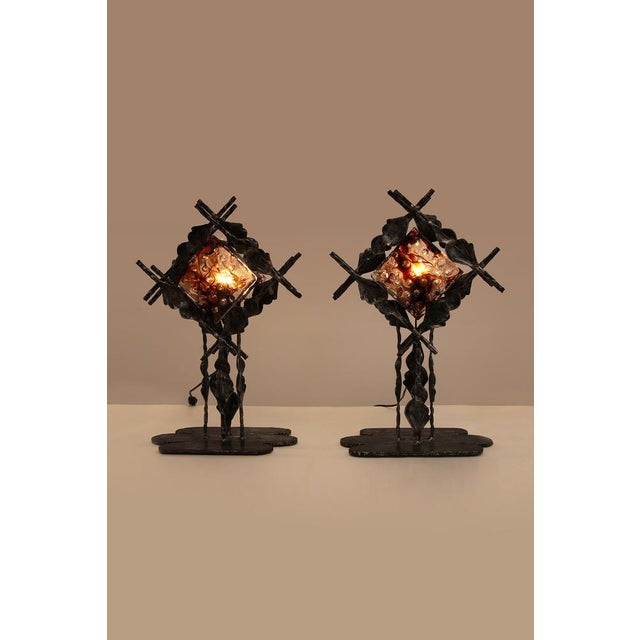 Brutalist table lamp, Sweden 1960s Beautifully designed lamp, a real design object. Handmade wrought iron base and mouth...