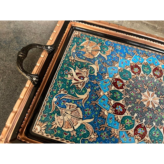 Floral hand painted rectangle luxury serving tray with handles made by copper. Hand carved design and perfect for serving....