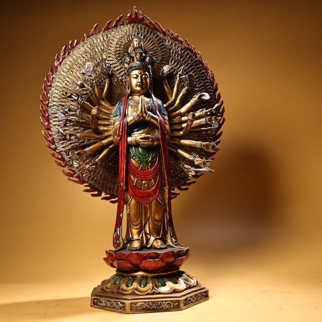 This is a monumental and exquisitely detailed vintage Chinese figure of Thousand-Hand Guanyin , the Bodhisattva of...