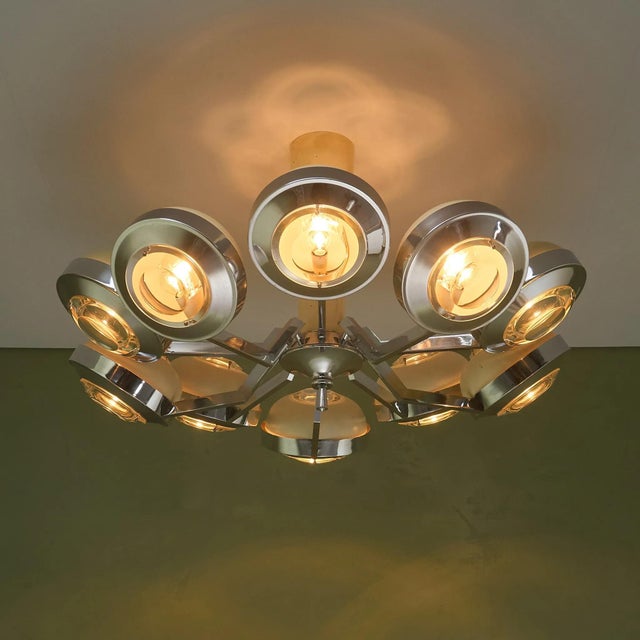 Large Round 10-Armed Chandelier with Glass Lens Diffusors by Oscar Torlasco, Italy, 1970s For Sale - Image 13 of 13