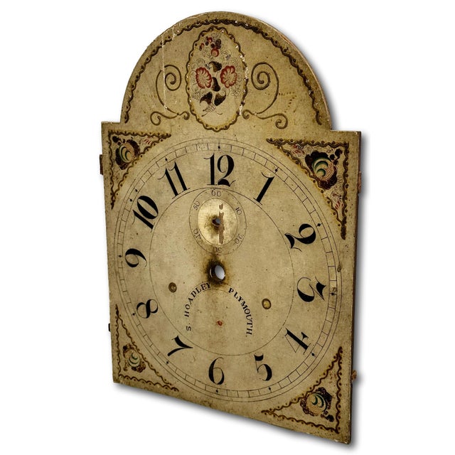 American Antique American Hand Painted Wood Grandfather Clock Dial by Connecticut Maker Silas Hoadley - Circa Very Early 1800s For Sale - Image 3 of 18