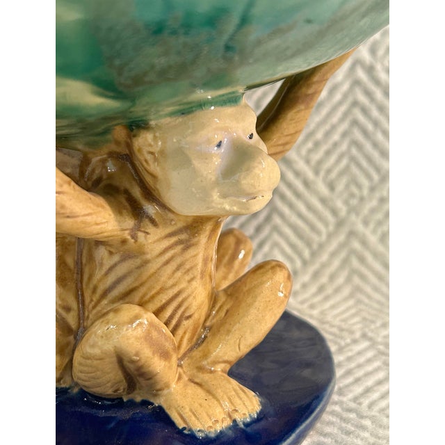 Mid 20th Century Vintage Majolica Style 3 Monkeys Holding a Lily Pad Compote or Shallow Dish For Sale - Image 5 of 9