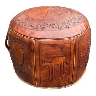 1980s Vintage Hand Tooled Leather Peruvian Hassock Pouf For Sale