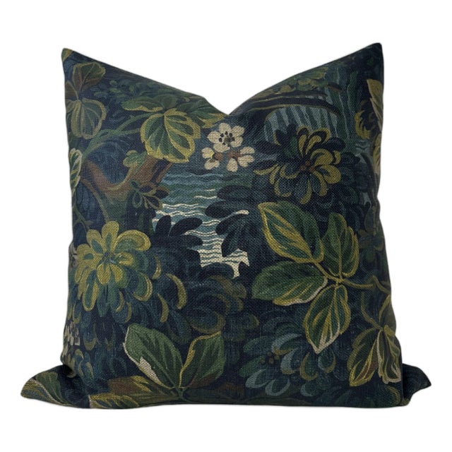 Night Garden Linen Pillow Cover in Midnight Blue, 22x22 Pillow For Sale