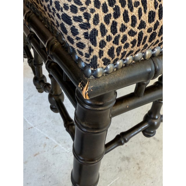 Coffee Vintage Chinoiserie Faux Bamboo Fretwork Ottomans With Leopard Upholstery-Pair For Sale - Image 8 of 12