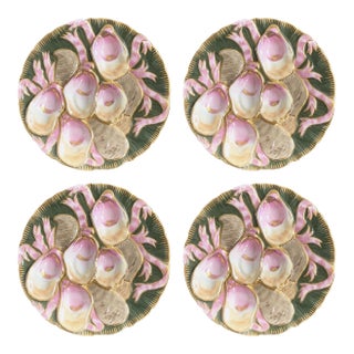 Set of 4 — Antique Carl Tielsch Ct Germany Oyster Plates — Hand-Painted, 5-Well Sculptural Mold, Martha's Vineyard Estate, c.1850 For Sale