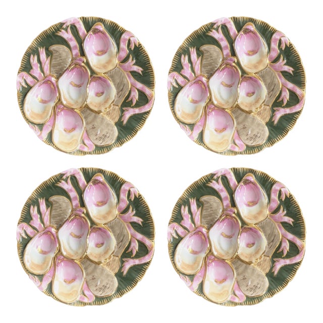 Set of 4 — Antique Carl Tielsch Ct Germany Oyster Plates — Hand-Painted, 5-Well Sculptural Mold, Martha's Vineyard Estate, c.1850 For Sale