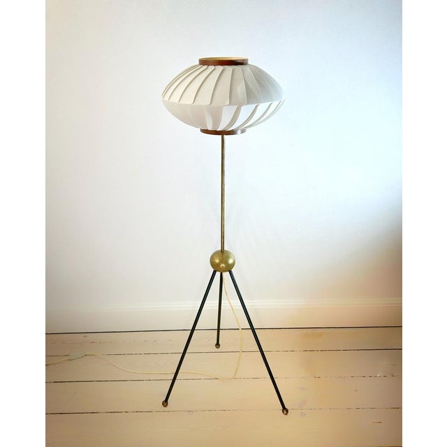 Black Brass and Black Metal Tripod Floor Lamp with Pleated Shade attributed to Svend Aage Holm Sørensen, Denmark, 1960s For Sale - Image 8 of 9