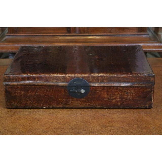 Brick Red Chinese Red Leather Trunk For Sale - Image 8 of 8