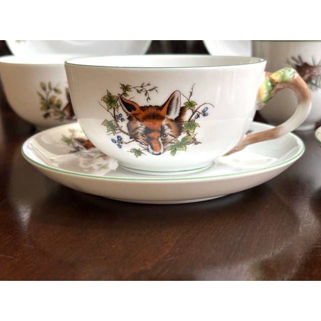 Herend Vintage Set of 4 Herend Hungary Handpainted Forest Animal Pattern 8 oz.Tea/Coffee Cups & Saucers- 2 Stag/Deer, 1 Fox and 1 Hare For Sale - Image 4 of 12