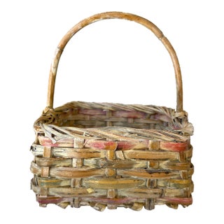 Vintage 1900s Natural Pink & White Wash Square Wicker Basket For Sale
