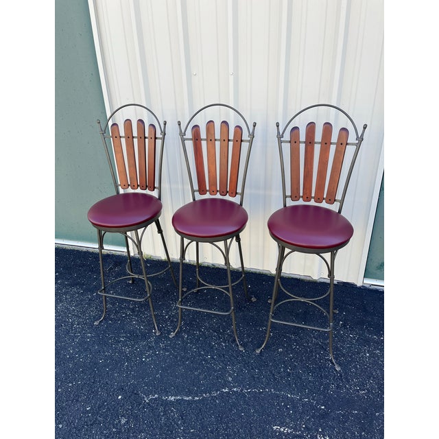 Wood 1990s Walter E Smith Wrought Iron and Leather Swivel Bar Stools- Set of 3 For Sale - Image 7 of 12