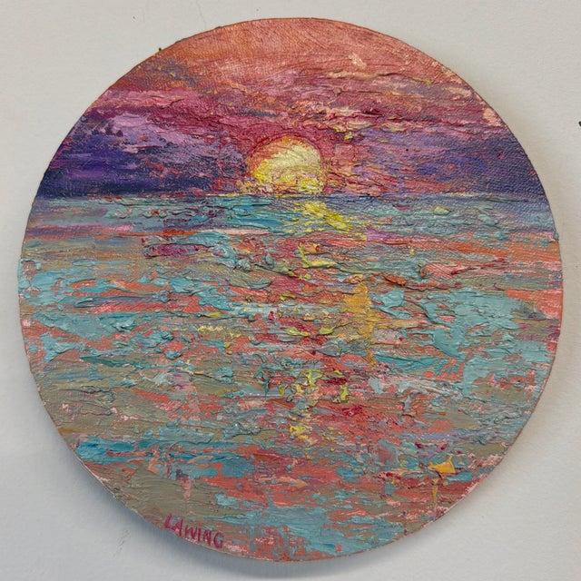 A brilliant lowcountry sunset over the Atlantic Ocean. One-of-a-kind original oil painting on 8-inch round stretched...