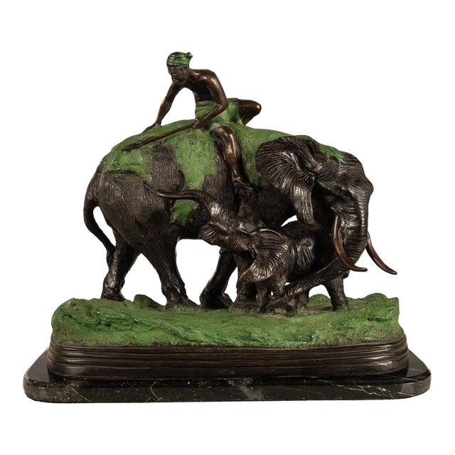 Antique Cast Bronze Elephant Hunt Scene With Lion Antonio Amorgasti Belgium 1925 For Sale