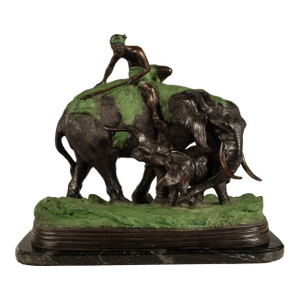 Antique Cast Bronze Elephant Hunt Scene With Lion Antonio Amorgasti Belgium 1925