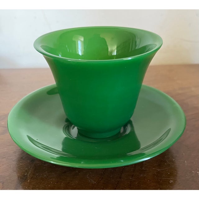 Antique 19th Century Chinese Bright Green Peking Glass Tea Cups & Saucers - Set of 4 For Sale - Image 9 of 18