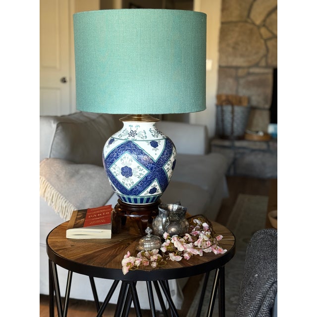 Vintage Blue & White Chinoiserie Ginger Jar Lamps With Custom Teal Linen Shades - a Pair For Sale - Image 10 of 11