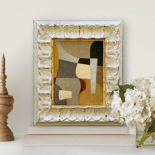 This is a new oil painting inspired by Mid-Century design and color. The painting is done on a canvas hard-board panel...