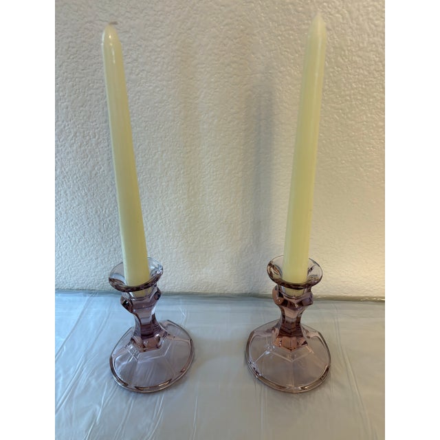 Libbey Glass Co. Amethyst Vintage Glass Candle Holders - A Pair For Sale - Image 4 of 5