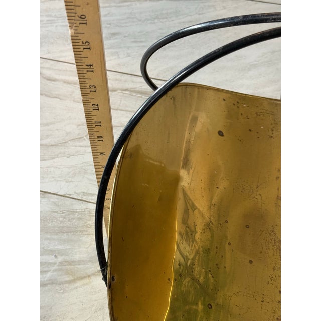 Vintage Large, Solid Brass With Metal Handles, Firewood, Log or Magazine Holder, Natural Patina For Sale - Image 10 of 11