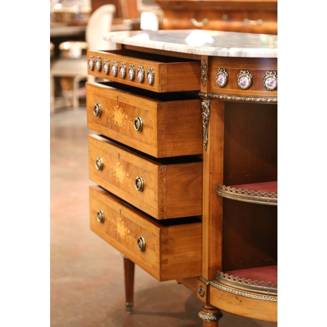 Brown Mid-Century French Louis XVI Marquetry Marble-Top Commode À L’Anglaise For Sale - Image 8 of 12