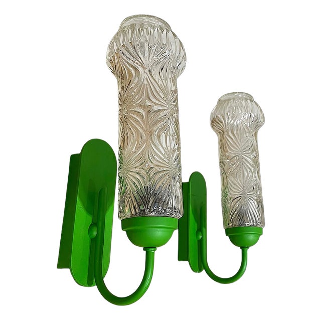 Mid-Century German Green and Clear Glass Wall Sconce Lights, 1960s, Set of 2 For Sale