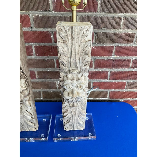 Rustic Pair Antique Carved Oak Architectural Fragment Table Lamps W/ Lucite Bases For Sale - Image 3 of 12